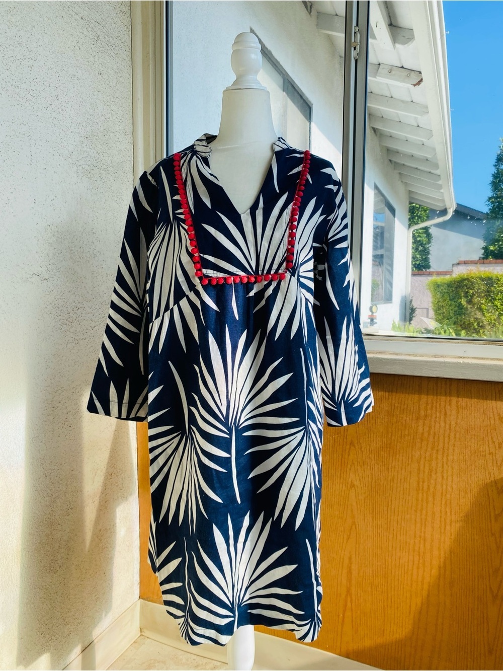 BODEN Palm Print Tunic Dress US 10 Navy White Coral Pom Pom Beach Cover up